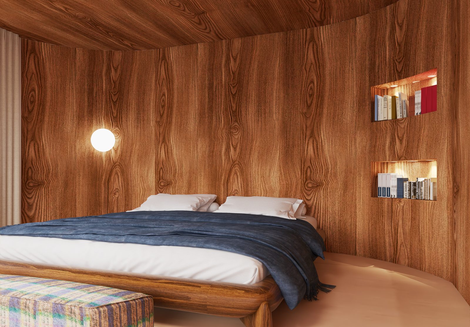 The Walnut Cocoon — The bed, straight on